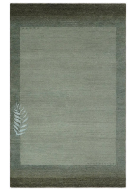 Solid Plain Ivory and Charcoal 5.6x8 wool and Art Silk Area Rug-Area Rug-Parc Decor