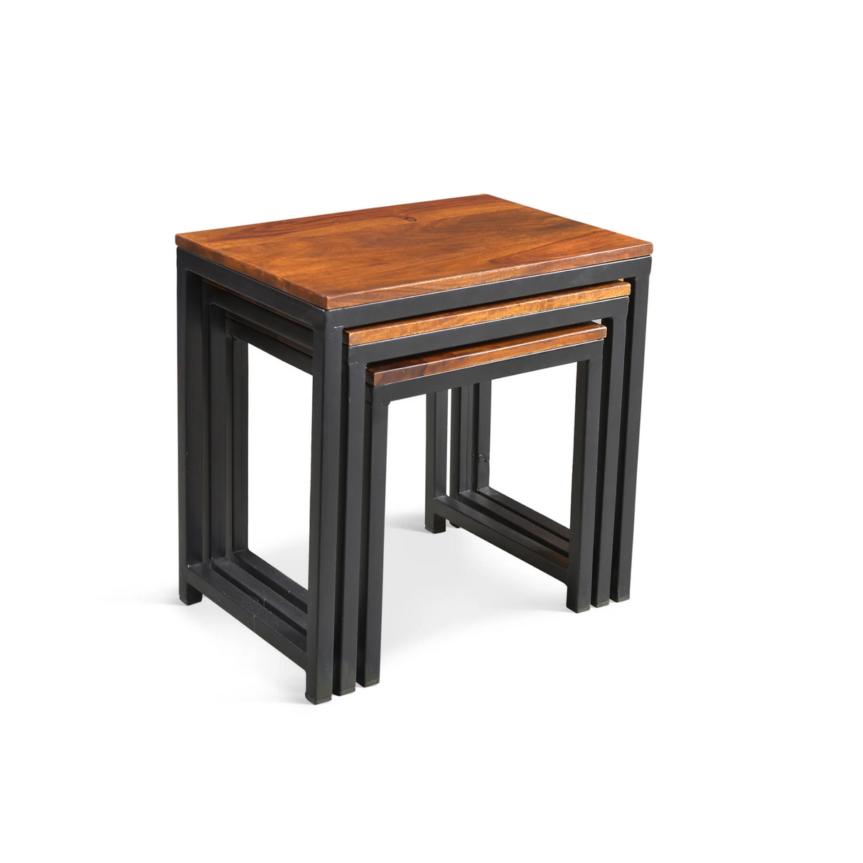 Solid Sheesham Wood Metal Nesting Table-End table-Parc Decor