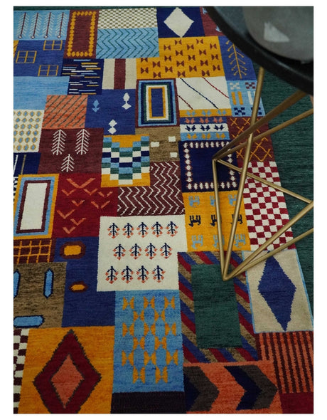 Soumak loop and cut 5x7 Multicolor Shapes Modern Artistic Wool Hand Woven Rug | KNT41-Area Rug-Parc Decor