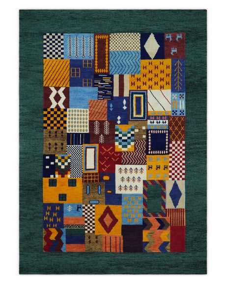 Soumak loop and cut 5x7 Multicolor Shapes Modern Artistic Wool Hand Woven Rug | KNT41-Area Rug-Parc Decor