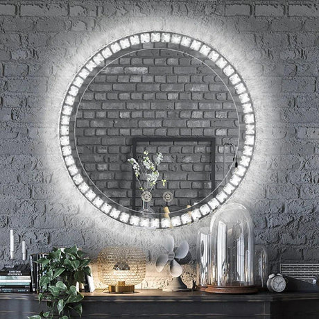Sparkle Vision round 24 in LED Wall-Mounted Frameless Bathroom Vanity Mirror with Anti-Fog,Smart Dimmable and 3 LED Color-镜子-Parc Decor