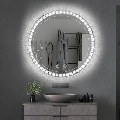 Sparkle Vision round 24 in LED Wall-Mounted Frameless Bathroom Vanity Mirror with Anti-Fog,Smart Dimmable and 3 LED Color-镜子-Parc Decor