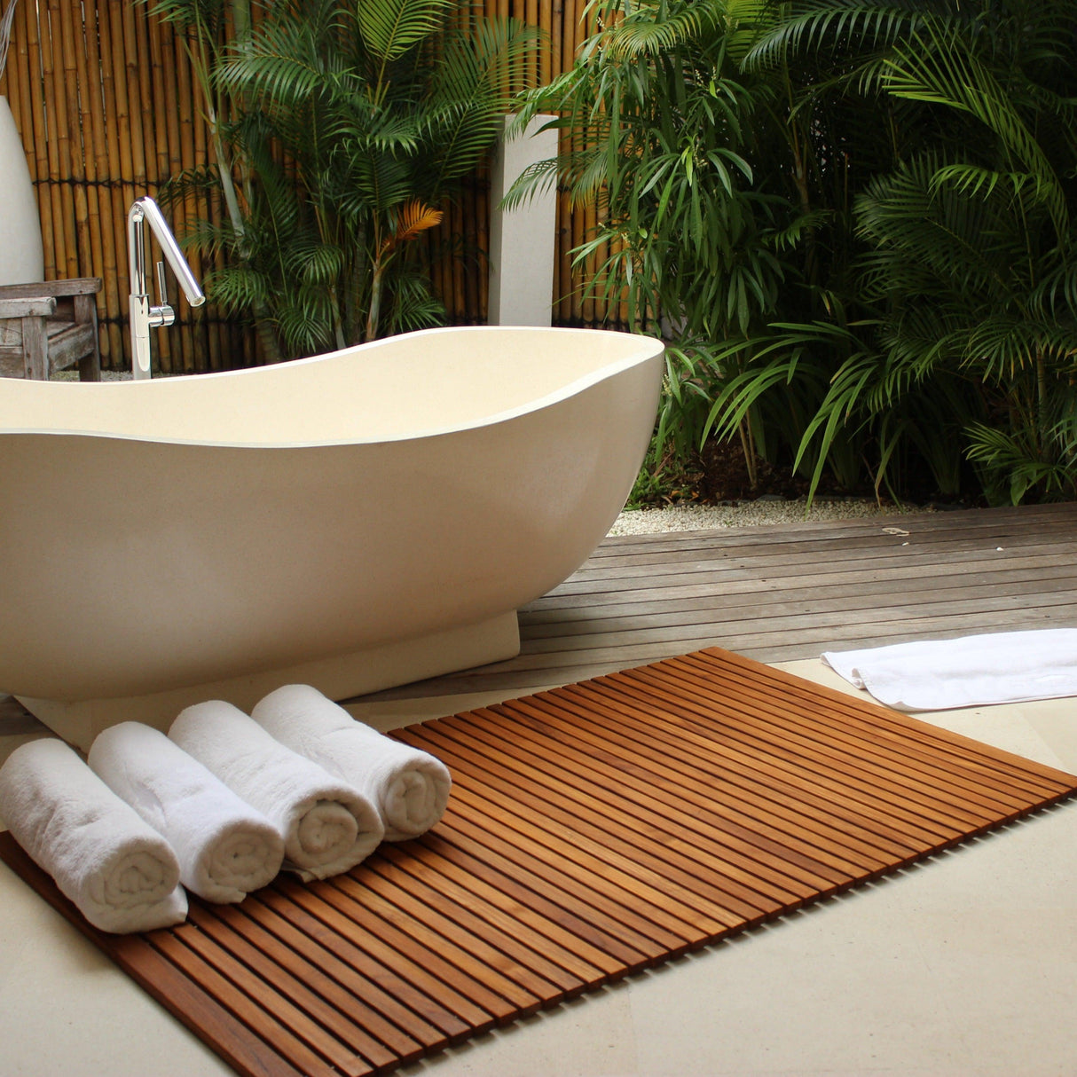 Spokane Etra Large Oiled Teak Shower and Bath String Mat with Rubber Footing-Bath Mat-Parc Decor