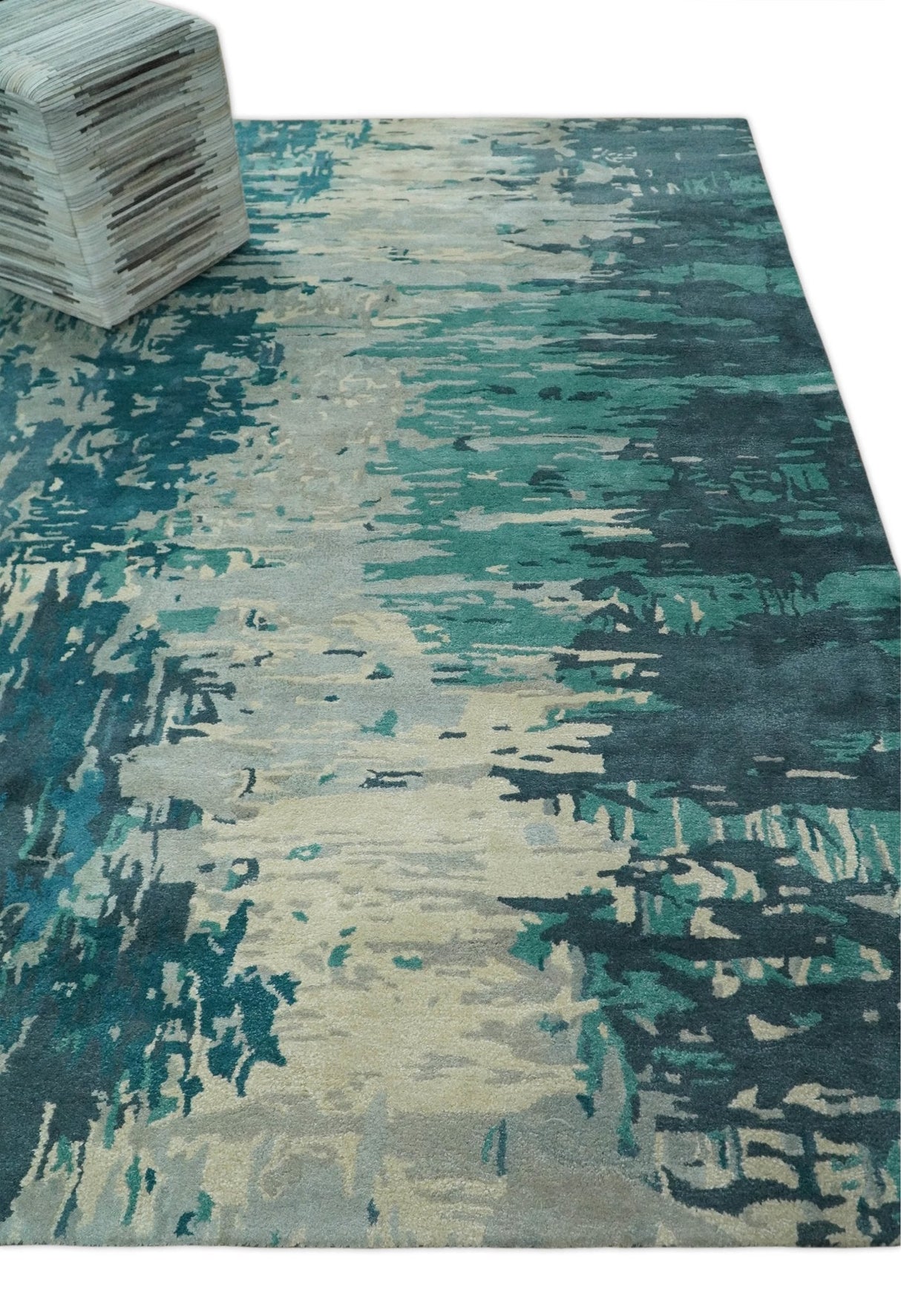 Square 9x9 Green, Silver and Beige Modern Abstract Handmade Wool and Art Silk Area Rug | BAN2-Area Rug-Parc Decor