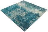 Square 9x9 Green, Silver and Beige Modern Abstract Handmade Wool and Art Silk Area Rug | BAN2-Area Rug-Parc Decor