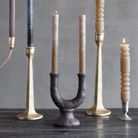 Stoneware Double Taper Candle Holder in Chocolate-Candles and Candle Accessories-Parc Decor
