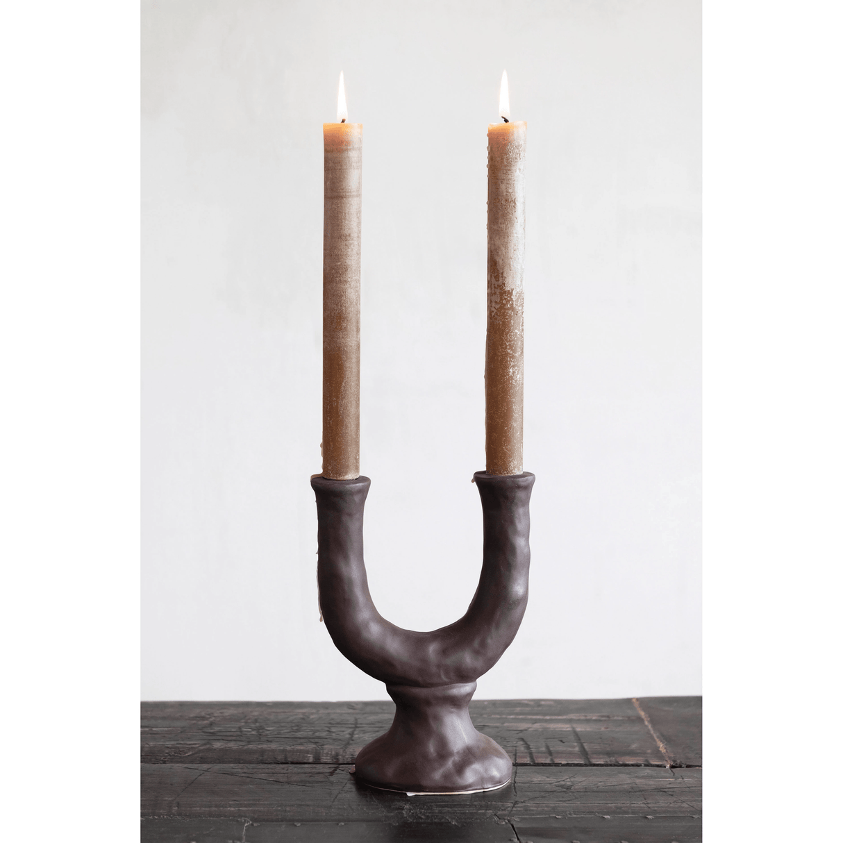 Stoneware Double Taper Candle Holder in Chocolate-Candles and Candle Accessories-Parc Decor