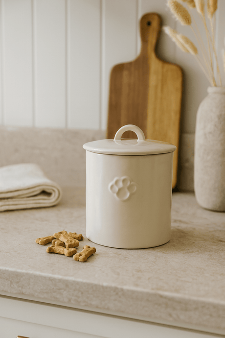 Stoneware Pet Treat Canister with Paw Print – Neutral Glaze-Jars and Cannisters-Parc Decor