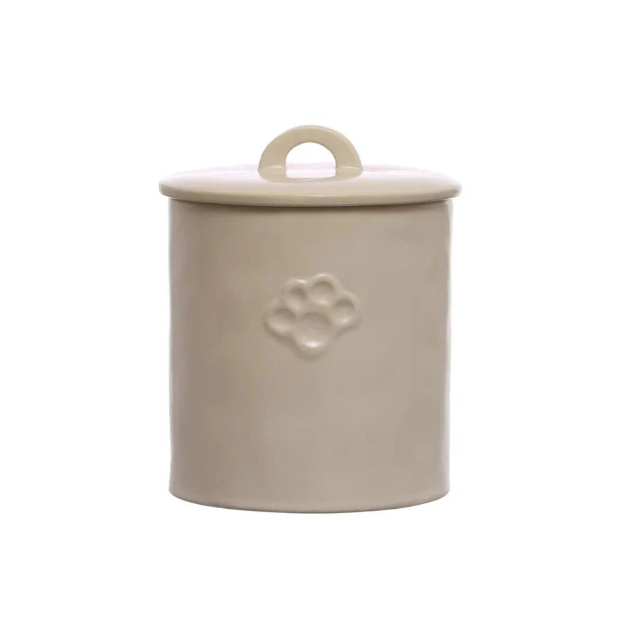 Stoneware Pet Treat Canister with Paw Print – Neutral Glaze-Jars and Cannisters-Parc Decor