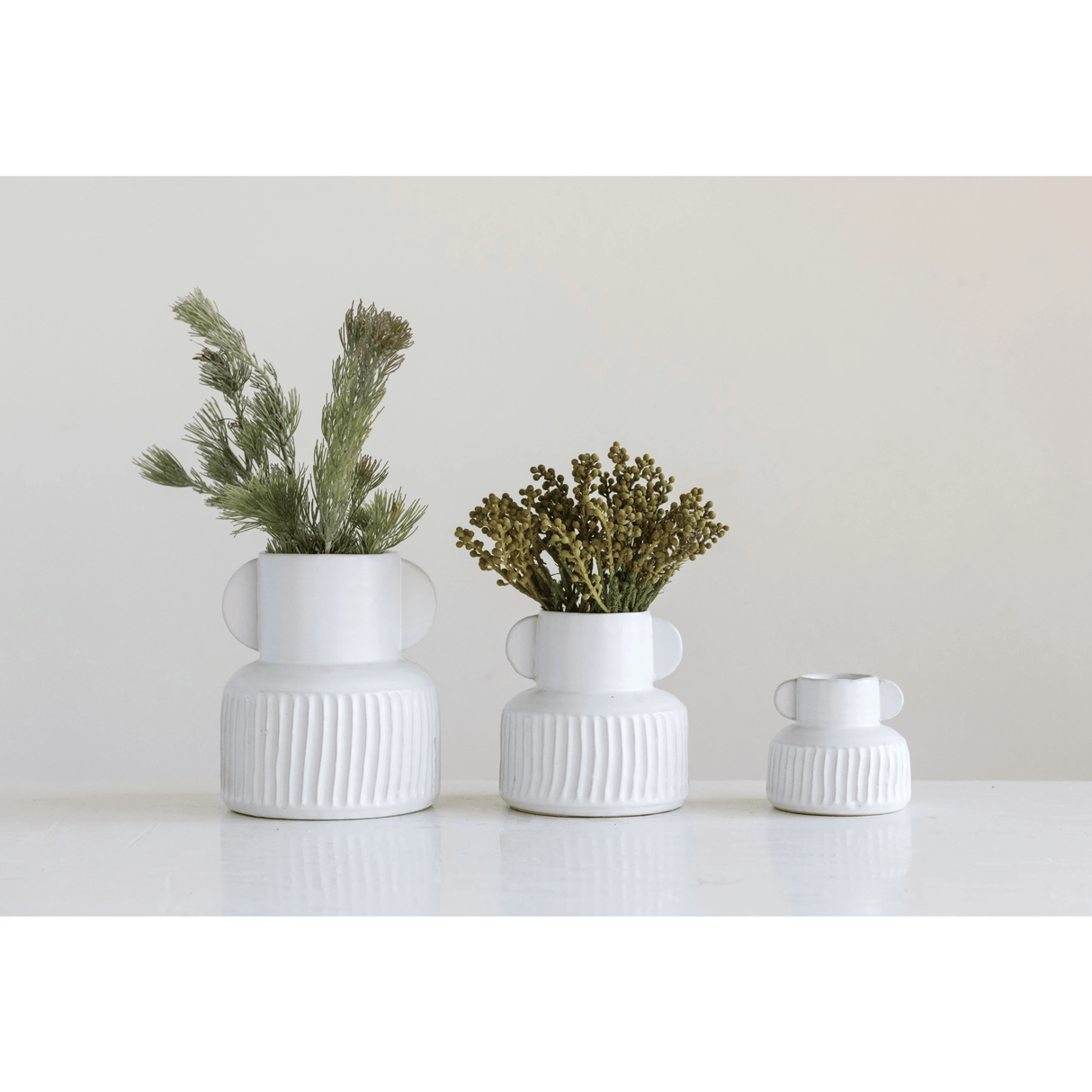 Stoneware Pleated Vase with White Glaze Finish-Vases and Jars-Parc Decor