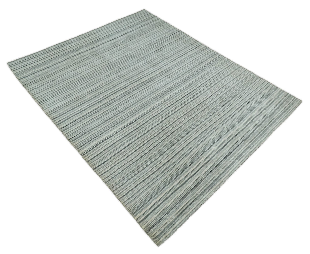 Striped 8x10 Ivory, Beige and Gray Hand Made Blended Wool Area Rug