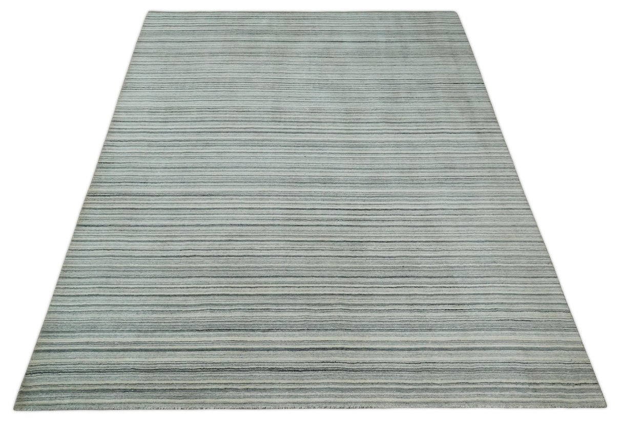 Striped 8x10 Ivory, Beige and Gray Hand Made Blended Wool Area Rug