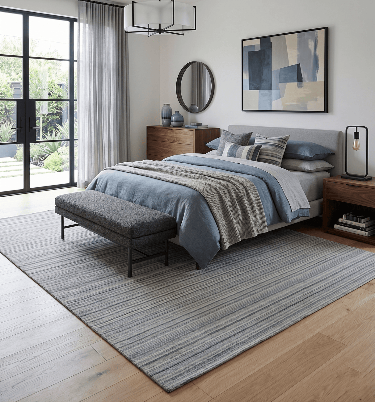 Striped 8x10 Ivory, Beige and Gray Hand Made Blended Wool Area Rug