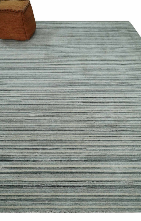 Striped 8x10 Ivory, Beige and Gray Hand Made Blended Wool Area Rug