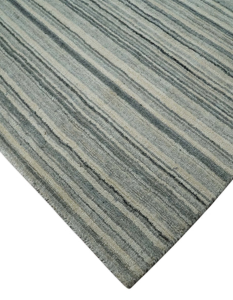Striped 8x10 Ivory, Beige and Gray Hand Made Blended Wool Area Rug