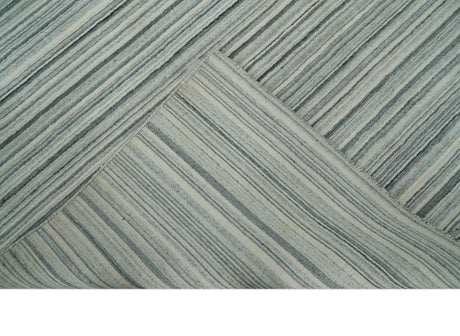 Striped 8x10 Ivory, Beige and Gray Hand Made Blended Wool Area Rug