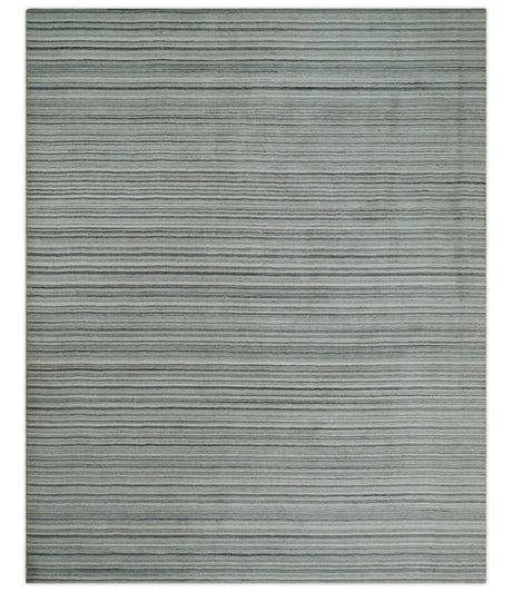 Striped 8x10 Ivory, Beige and Gray Hand Made Blended Wool Area Rug