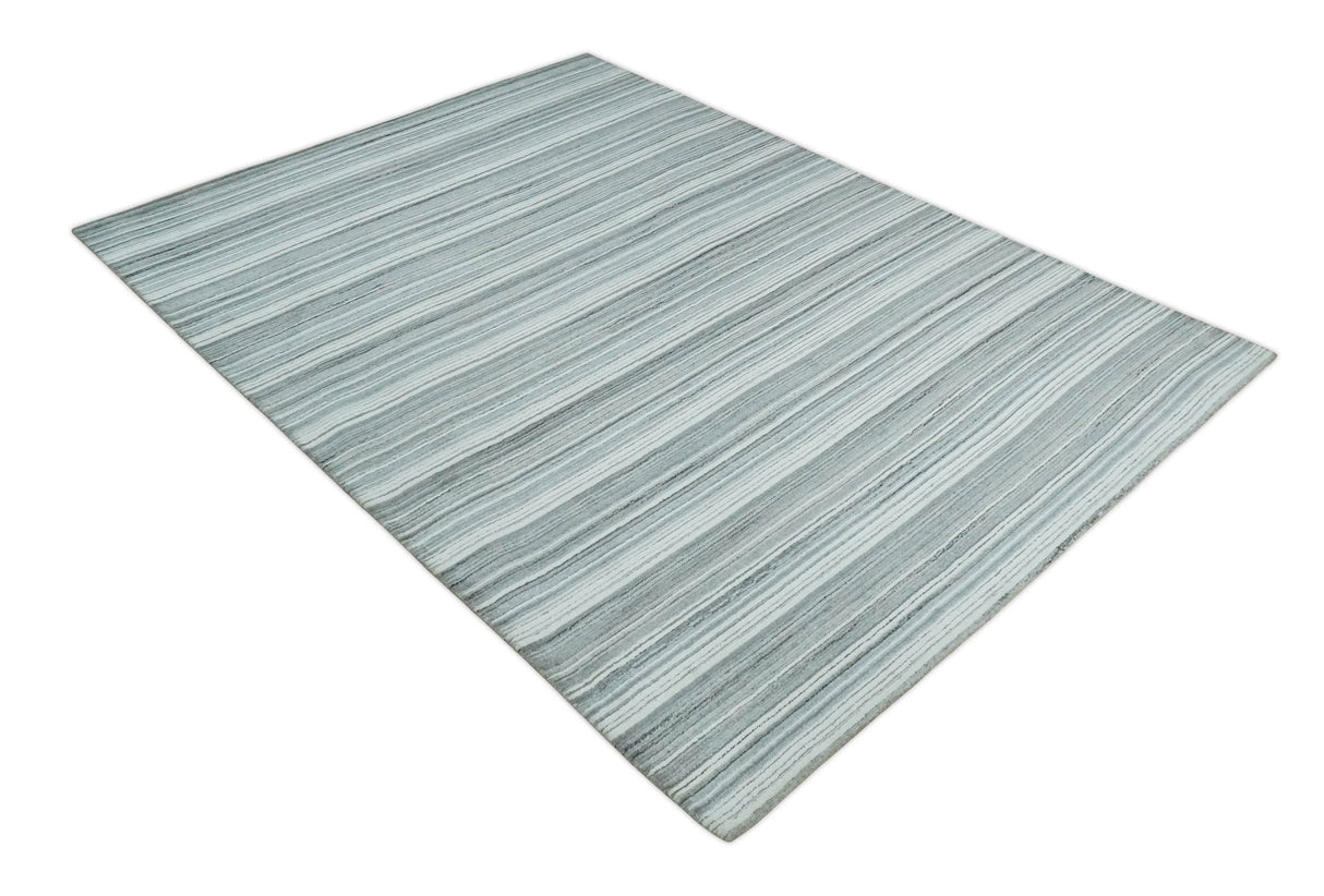 Striped Flatwoven 8x10 White And Silver Hand Made Blended Wool Area Rug