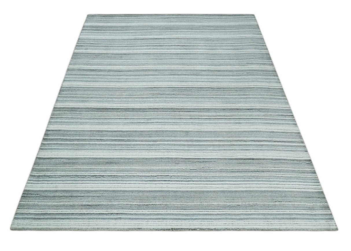 Striped Flatwoven 8x10 White And Silver Hand Made Blended Wool Area Rug