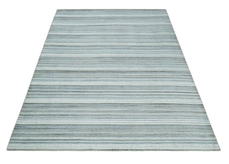 Striped Flatwoven 8x10 White And Silver Hand Made Blended Wool Area Rug