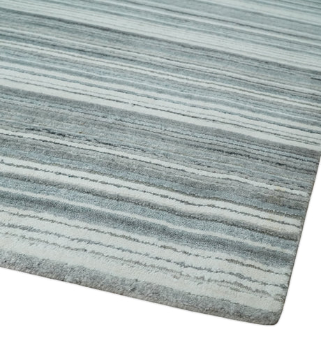 Striped Flatwoven 8x10 White And Silver Hand Made Blended Wool Area Rug