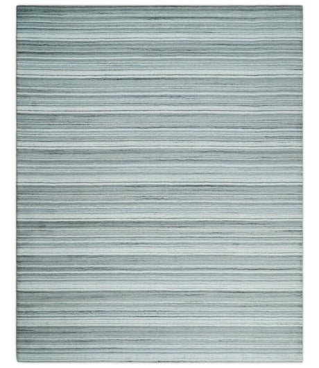 Striped Flatwoven 8x10 White And Silver Hand Made Blended Wool Area Rug