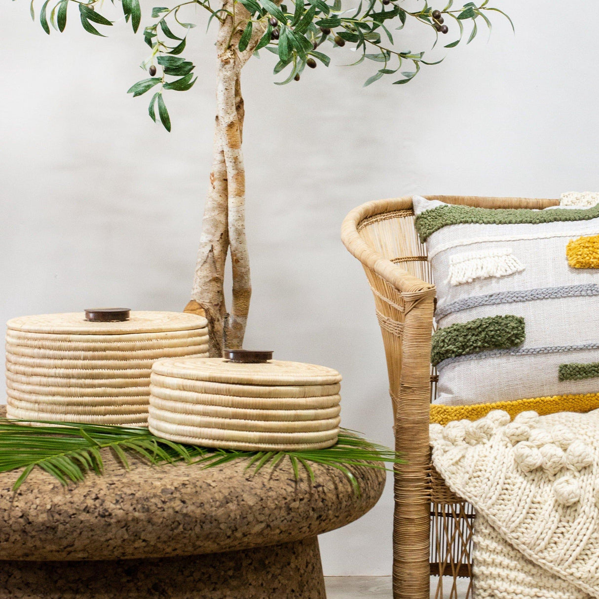 Sunga Small Ilala Palm Lidded Basket-Baskets & Vessels-Parc Decor