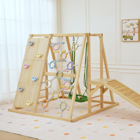 Sweetgum Large | 8-in-1 Indoor Wooden Playset with Slide, Swing & Rock Wall