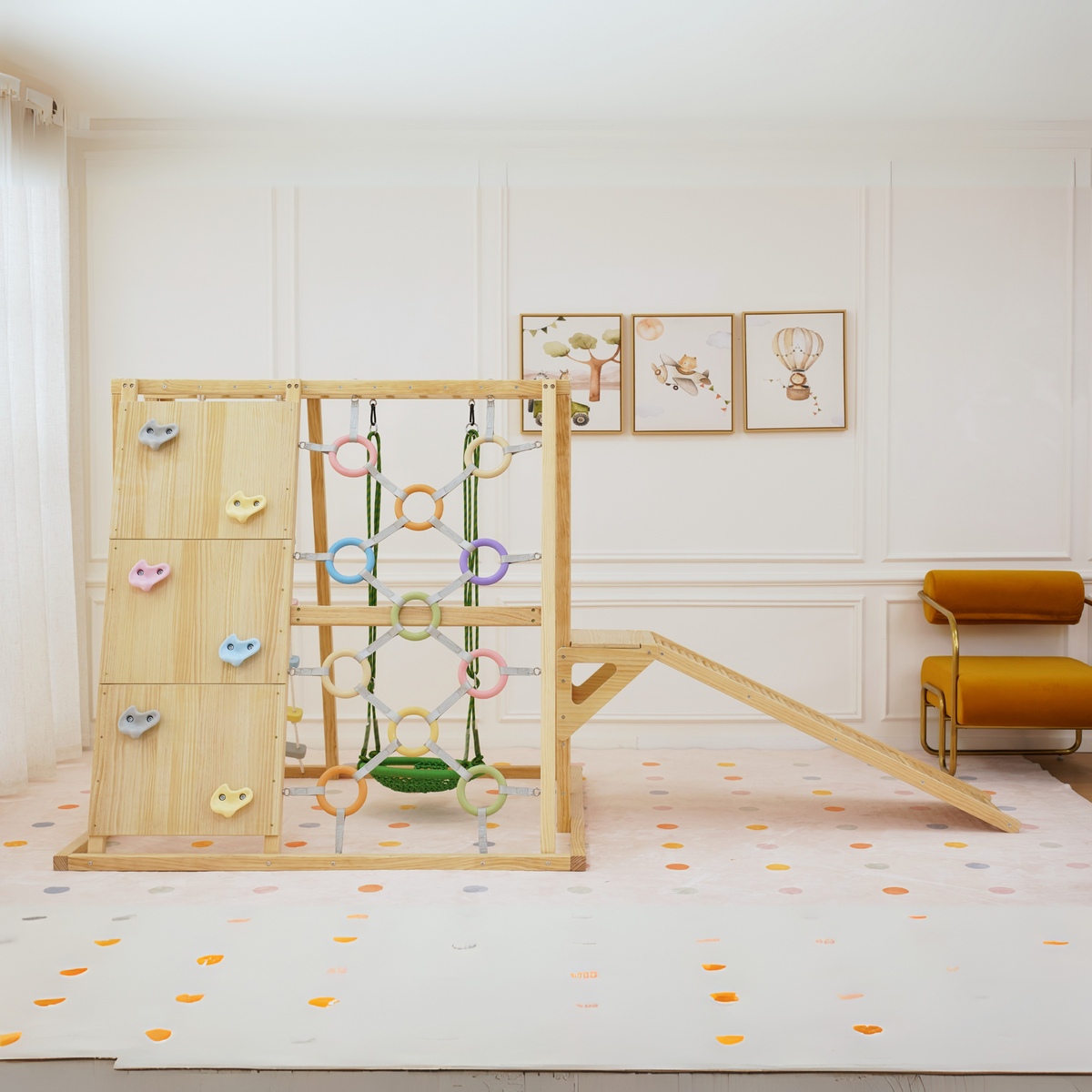 Sweetgum Large | 8-in-1 Indoor Wooden Playset with Slide, Swing & Rock Wall