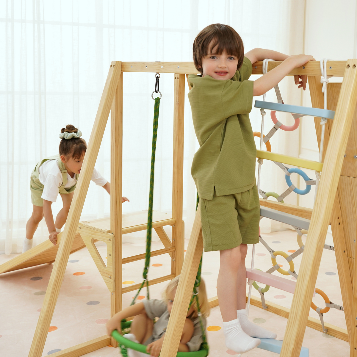 Sweetgum Large | 8-in-1 Indoor Wooden Playset with Slide, Swing & Rock Wall