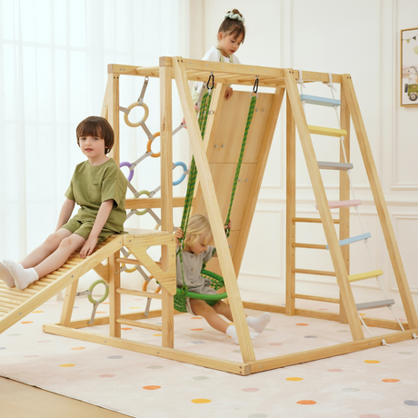 Sweetgum Large | 8-in-1 Indoor Wooden Playset with Slide, Swing & Rock Wall