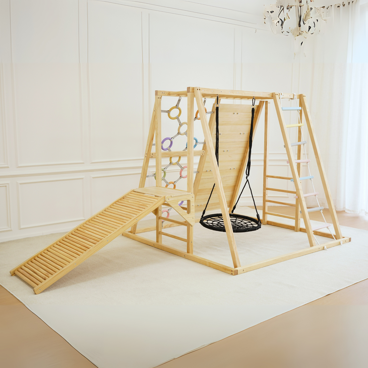 Sweetgum XL | 8-in-1 Indoor Wooden Playset with Slide, Swing & Rock Wall