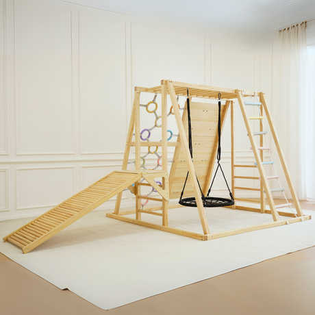 Sweetgum XL | 8-in-1 Indoor Wooden Playset with Slide, Swing & Rock Wall