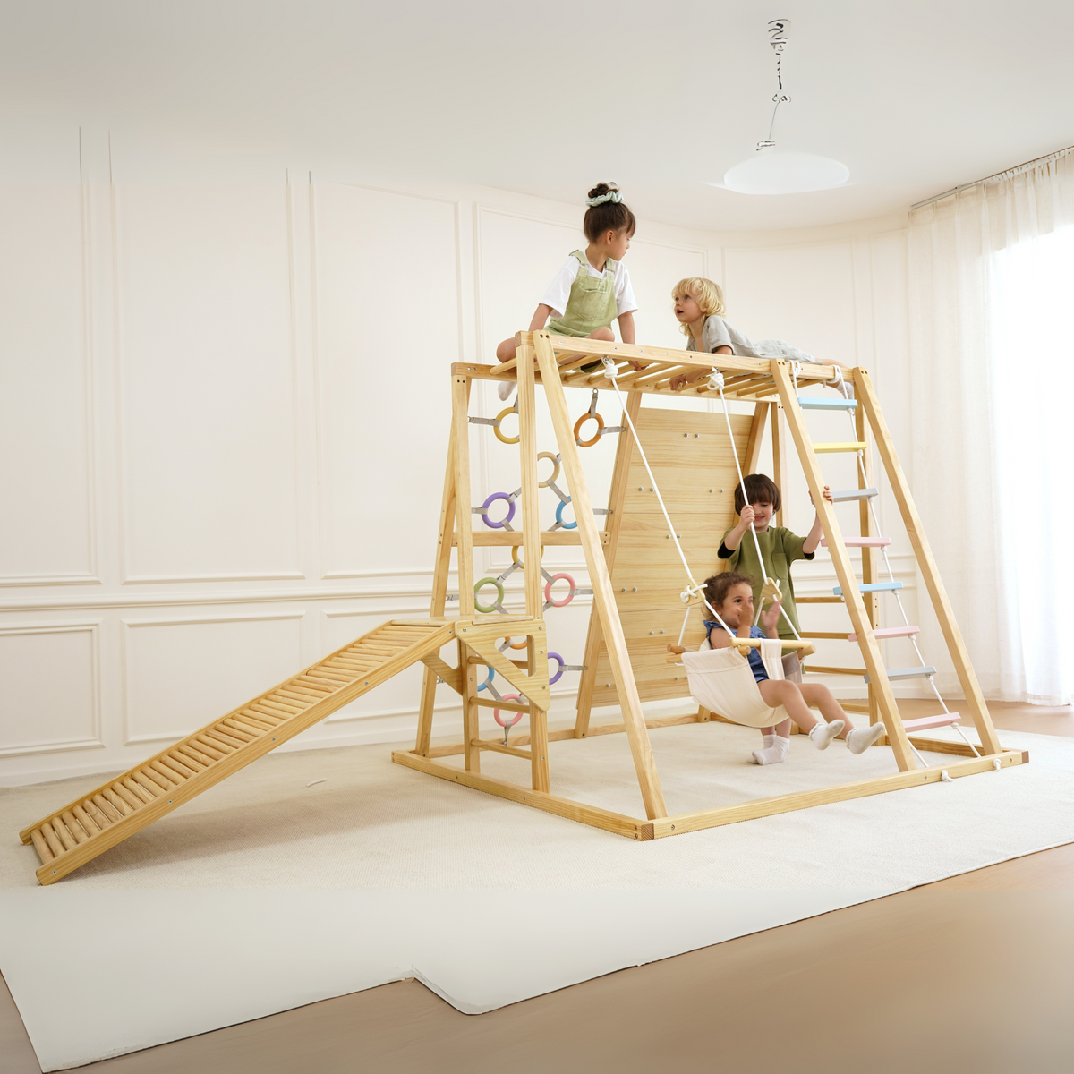 Sweetgum XL | 8-in-1 Indoor Wooden Playset with Slide, Swing & Rock Wall