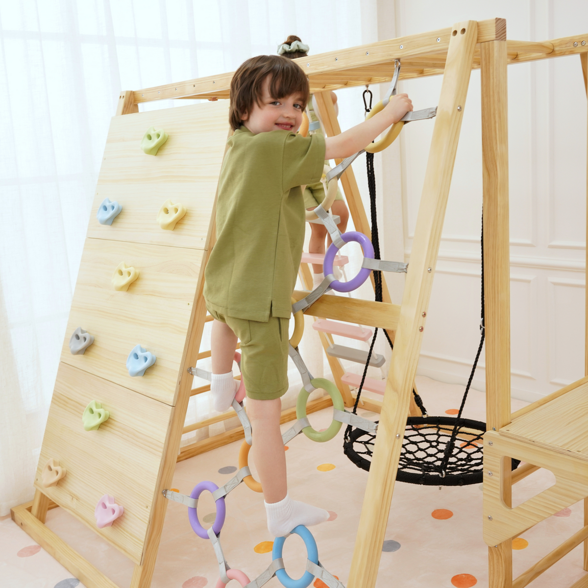 Sweetgum XL | 8-in-1 Indoor Wooden Playset with Slide, Swing & Rock Wall