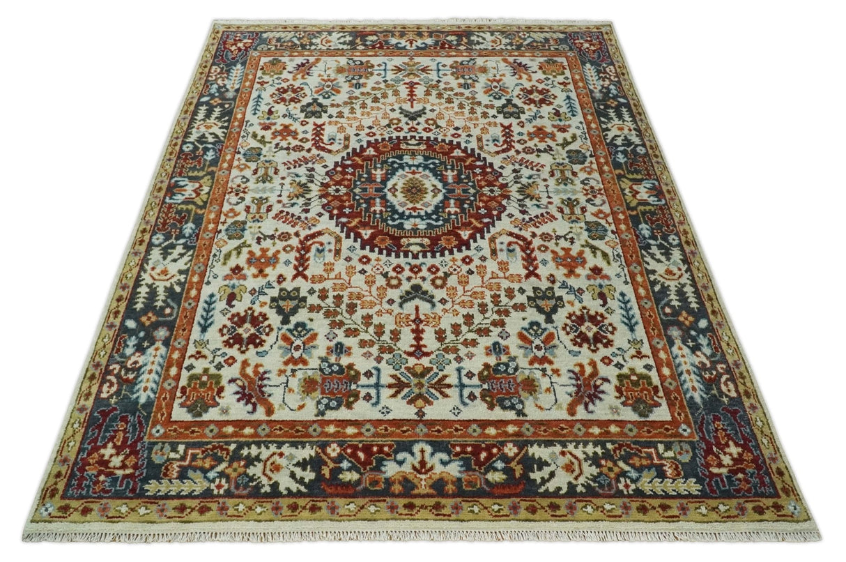 Tabriz Antique Hand Knotted Traditional Ivory and Rust Multi Size Wool Rug