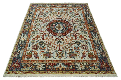 Tabriz Antique Hand Knotted Traditional Ivory and Rust Multi Size Wool Rug