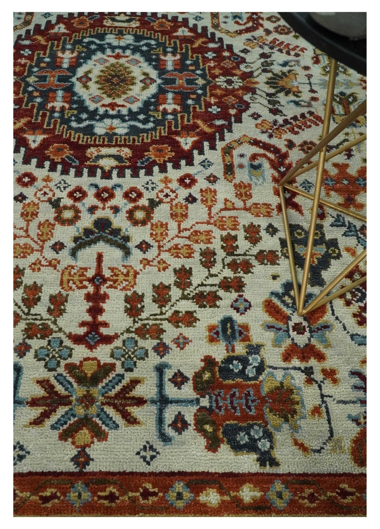 Tabriz Antique Hand Knotted Traditional Ivory and Rust Multi Size Wool Rug