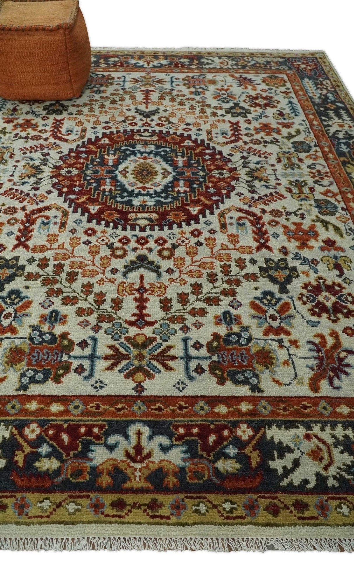 Tabriz Antique Hand Knotted Traditional Ivory and Rust Multi Size Wool Rug