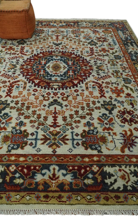 Tabriz Antique Hand Knotted Traditional Ivory and Rust Multi Size Wool Rug