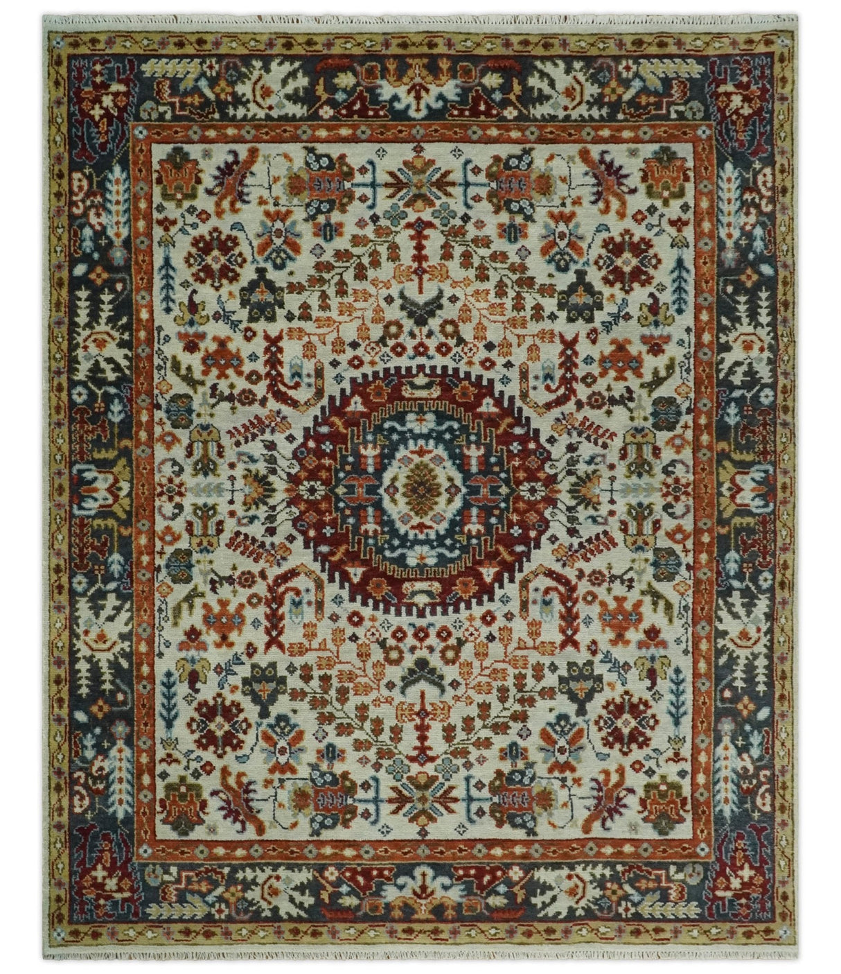 Tabriz Antique Hand Knotted Traditional Ivory and Rust Multi Size Wool Rug