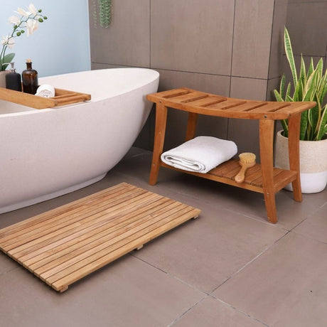 Taipei Natural Teak Shower and Bath Curved Spa Bench with Shelf-Parc Decor