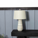Tan and Cream Resin Lamp with White Linen Table Lamp-Lighting-Parc Decor