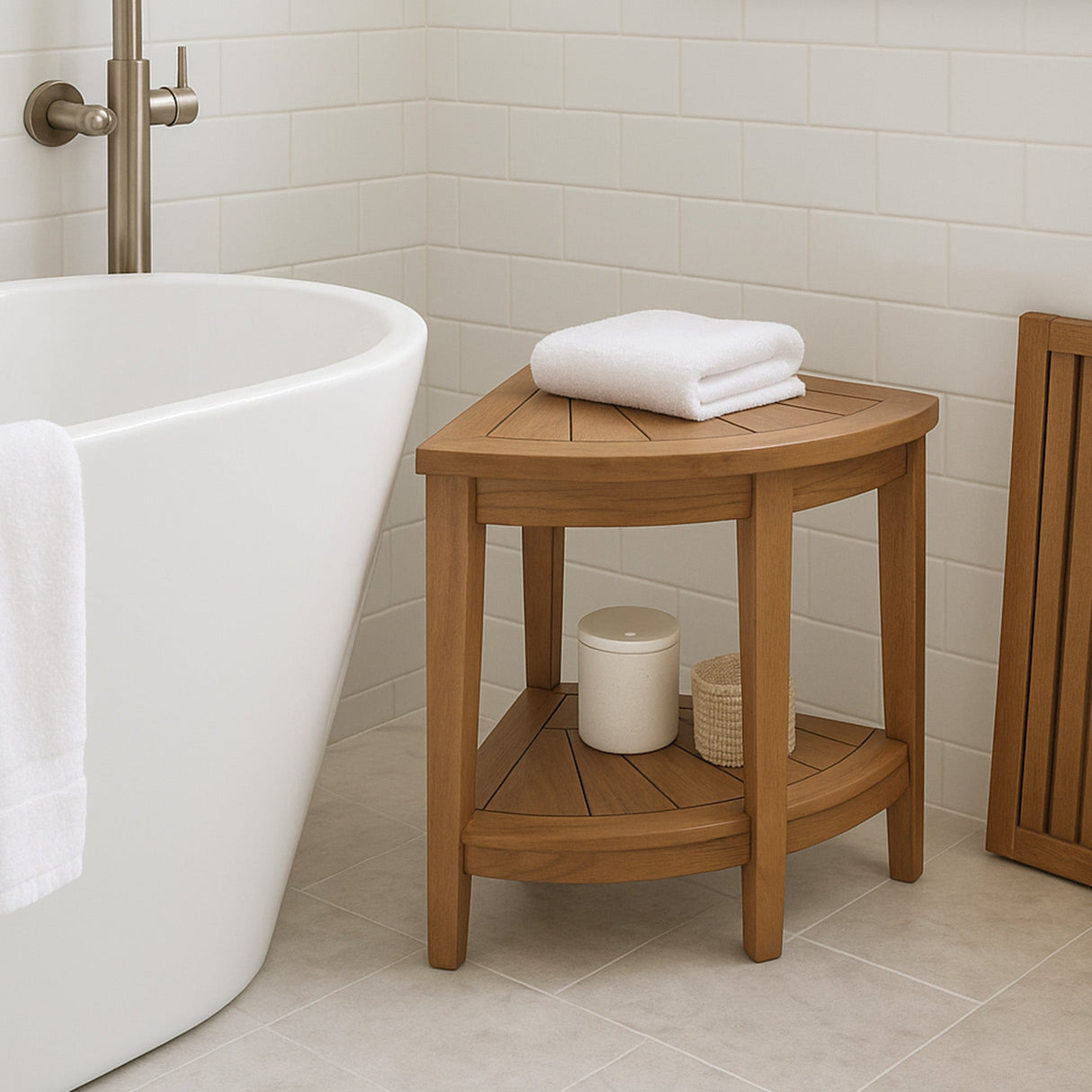 Tanzania Oiled Teak Shower and Bath Corner Stool with Shelf-Parc Decor