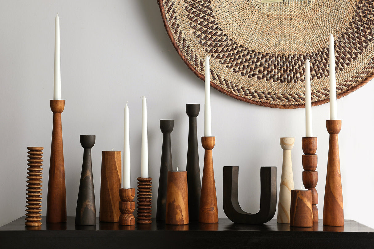 Tapered Candlestick Holder Pine Wood Cognac, Espresso, Natural