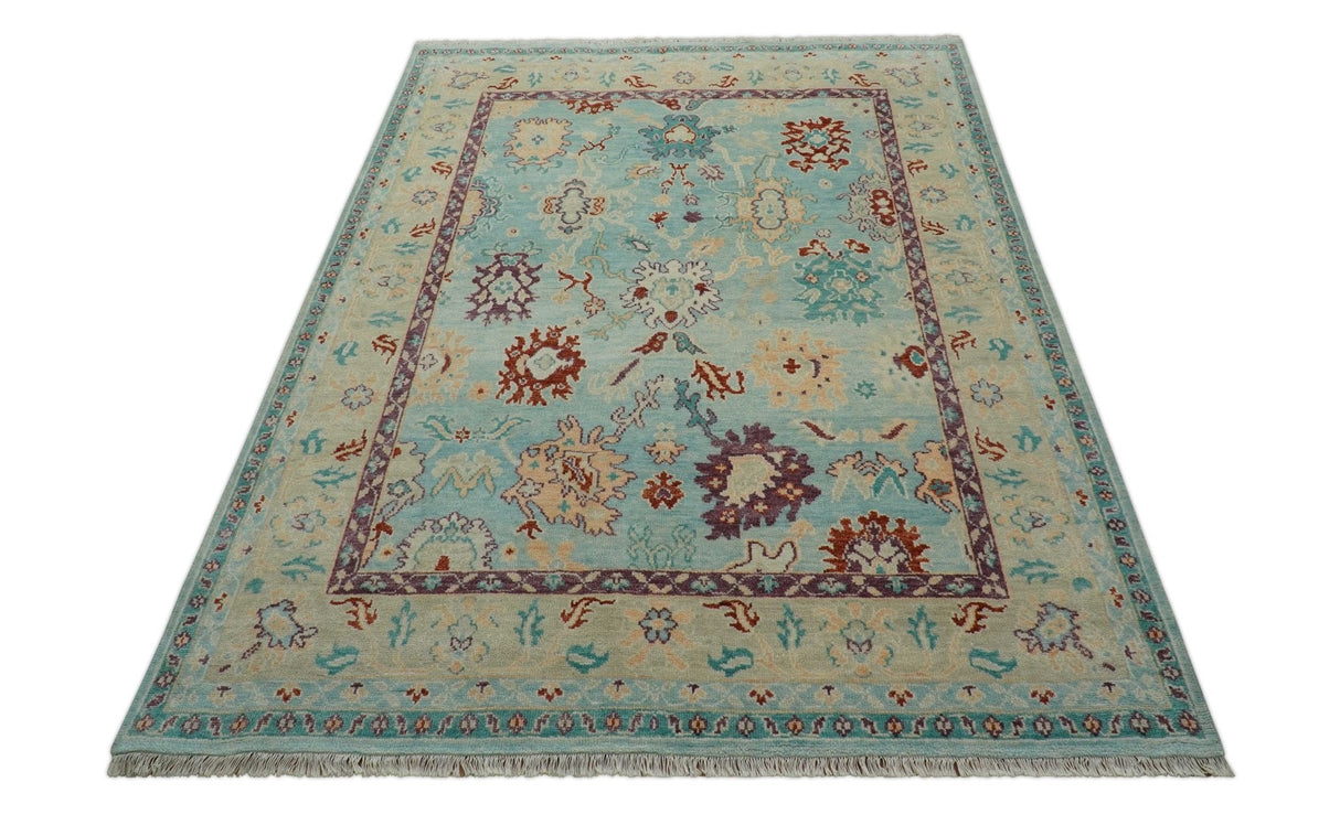 Teal And Beige Traditional Oushak Hand Knotted Wool Area Rug