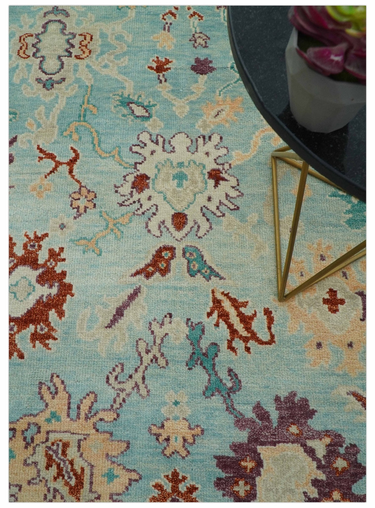 Teal And Beige Traditional Oushak Hand Knotted Wool Area Rug