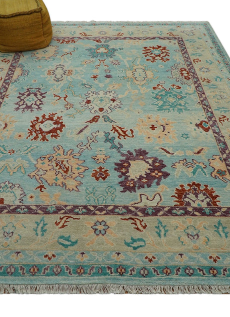 Teal And Beige Traditional Oushak Hand Knotted Wool Area Rug