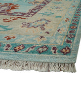 Teal And Beige Traditional Oushak Hand Knotted Wool Area Rug