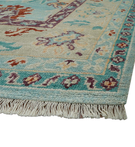 Teal And Beige Traditional Oushak Hand Knotted Wool Area Rug